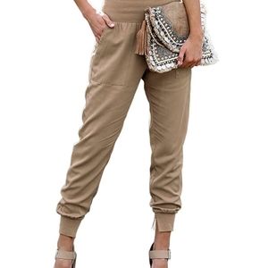 L Women's Tan/Beige High Waisted Joggers